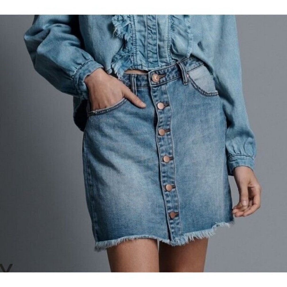 New One Teaspoon Venice Viper Button Through Skirt Womens 24 Blue Mini